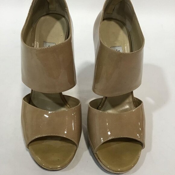 Jimmy Choo Shoes - Pre-Owned JIMMY CHOO Nude Patent Full Strap Peep Toe - Size 39